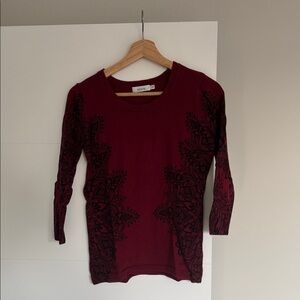 Burgundy 3/4 Sleeve Top with Black Design